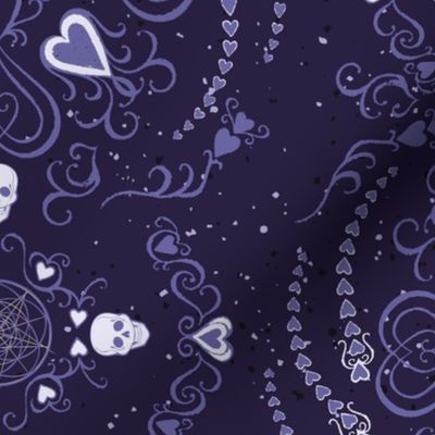 Macabre gothic Halloween design with skulls and hearts in purples and lilac