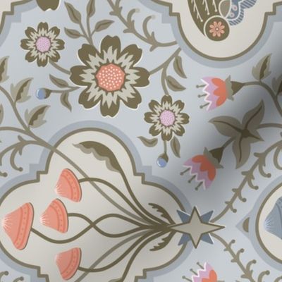 Intangible mushrooms and moths quatrefoil floral - orange & olive green on soft dusty blue - cottagecore  - for tea towel or wall hanging