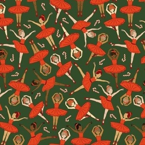 Dancing Nutcracker Ballerinas in red tutus on green