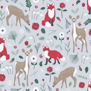 Winter Woodland Foxes and Fawns - Ice Blue - Medium