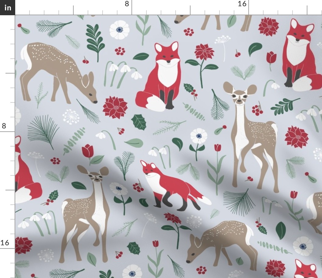 Winter Woodland Foxes and Fawns - Ice Blue - Medium