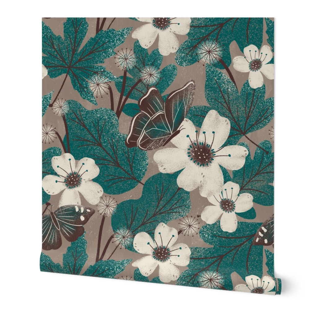 Autumn Butterfly Floral | LG Scale | Teal Green, Brown, Ivory