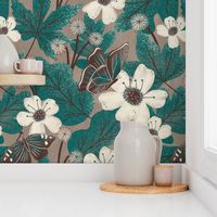 Autumn Butterfly Floral | LG Scale | Teal Green, Brown, Ivory