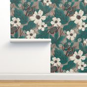 Autumn Butterfly Floral | LG Scale | Teal Green, Brown, Ivory