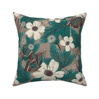 Autumn Butterfly Floral | LG Scale | Teal Green, Brown, Ivory