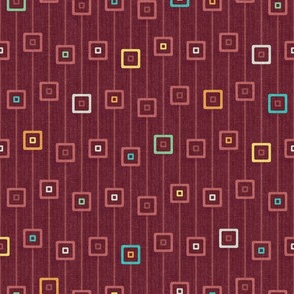 Mod Multicolor Squares and Stripes Burgundy Red (Large Scale)