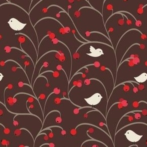 Red Berries and Birds on Brown