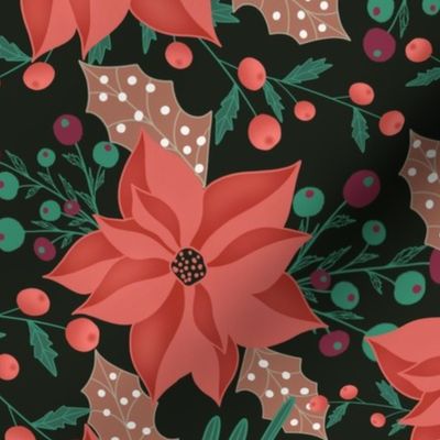 Midnight Christmas Holly Leaves & Poinsettia Floral Design in Scarlet