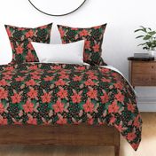 Midnight Christmas Holly Leaves & Poinsettia Floral Design in Scarlet