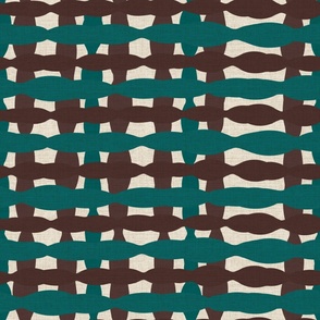 Large scale modern woven stripes 2, multi-directional pattern in green, brown on a beige linen ground.