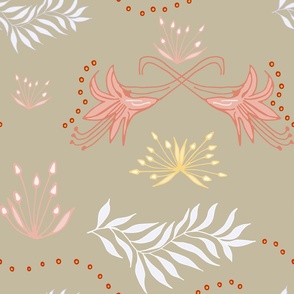 Tapestry of lilies in light grey and pink