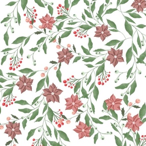 Festive Christmas Poinsettia & Holly Leaves Floral Design in Green and Red
