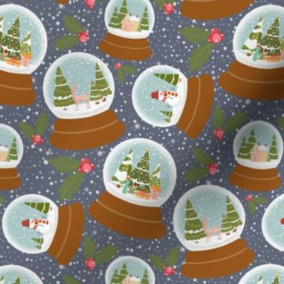 Enchanting Evening Blue Snow Globes - Cozy Winter Wonderland with Reindeer & Snowmen - Holly Jolly Christmas Pattern Design