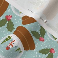 Charming Winter Blue Snow Globes - Festive Reindeer & Snowmen Christmas Scene - Holly Berries Holiday Pattern Design