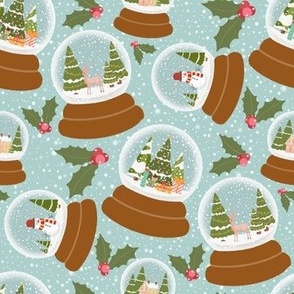 Charming Winter Blue Snow Globes - Festive Reindeer & Snowmen Christmas Scene - Holly Berries Holiday Pattern Design