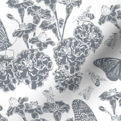 Butterfly garden in gray and white. Large scale