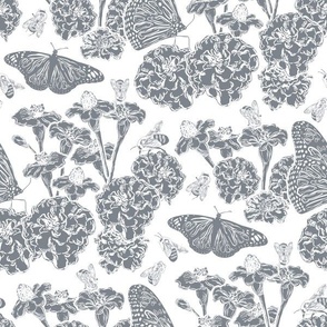 Butterfly garden in gray and white. Large scale