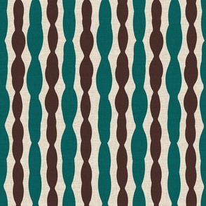 Medium scale modern alternating vertical stripes in green and brown earth tones on a beige linen ground. 
