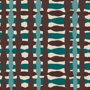 Large scale woven 4, multi-directional, earthen tones of green, teal and brown on beige linen ground. (teal stripe added to top layer).