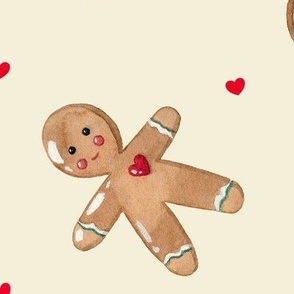 XL-Gingerbread man & red hearts on cream