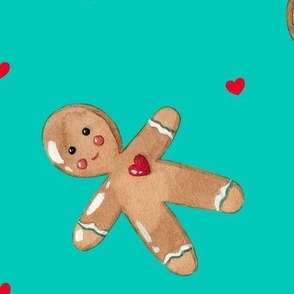 XL-Gingerbread man & red hearts on teal