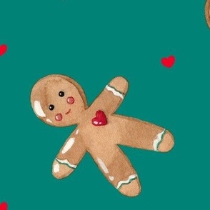 XL-Gingerbread man & red hearts on turquoise