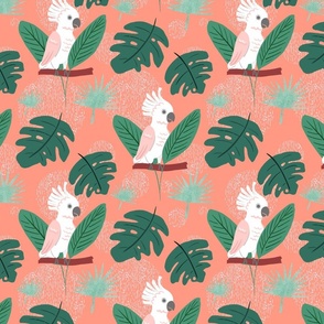 Cockatoos with Tropical Leaves on Salmon Fabric