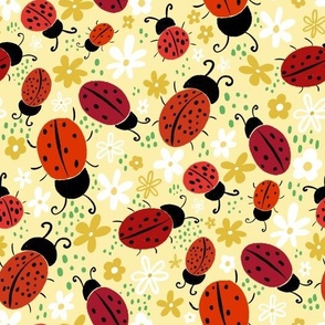 Ladybugs and flowers on Pale Yellow Fabric