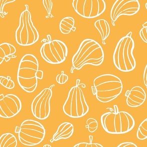 Gourd and Pumpkin Outlines on Yellow Fabric