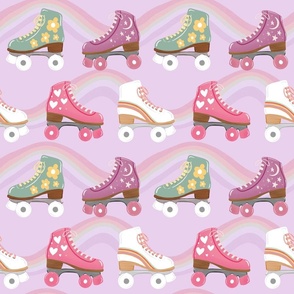 Retro Roller Skates with Rainbow on Pink Fabric