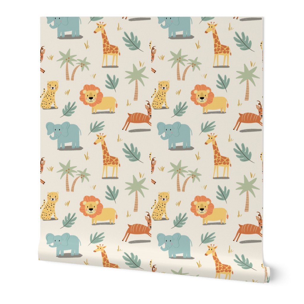 Cute Safari Animals on Tan Fabric Wallpaper | Spoonflower