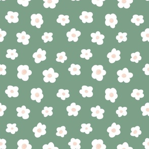 Simple White flowers on Green Fabric