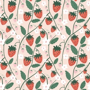 Red and Pink Strawberry Vines on Blush Fabric