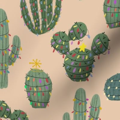 Cacti with Christmas Lights on Sand Fabric