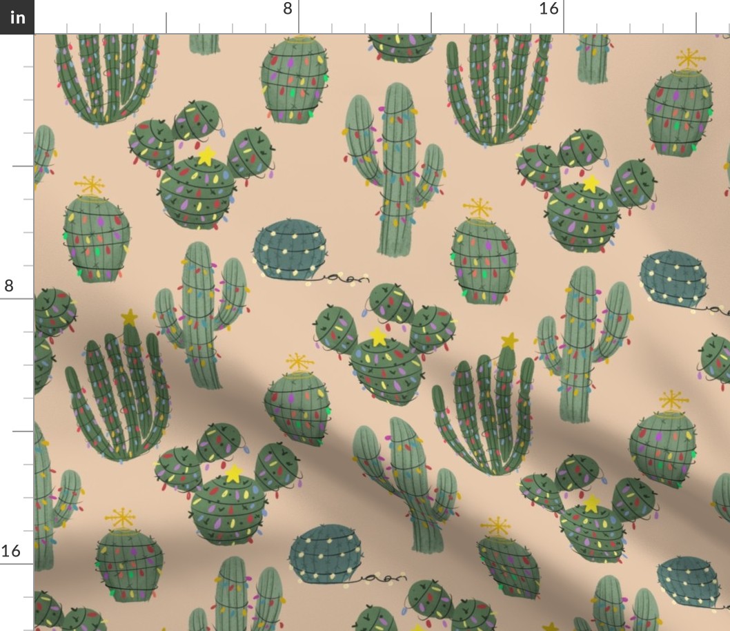 Cacti with Christmas Lights on Sand Fabric