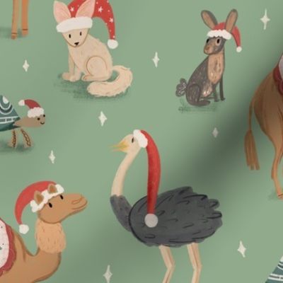 Christmas Desert Animals on Green Fabric