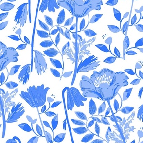 LARGE: Blue Cosy Blooms of Decorative Flowers in Shades of Blue on white