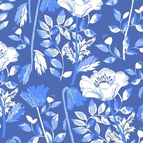 LARGE: Blue Cosy Blooms of Decorative Flowers in Shades of Blue on denim blue