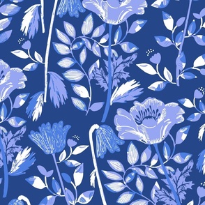 LARGE: Blue Cosy Blooms of Decorative Flowers in Shades of Blue on dark blue