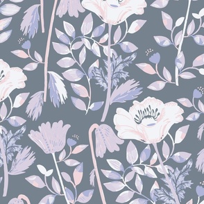 LARGE: white pink Cosy Blooms of Decorative Flowers on dark grey