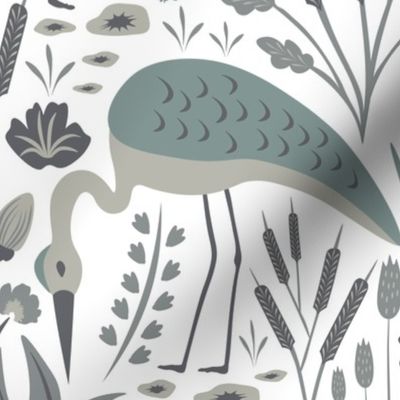 Heron and Swamp Plants Lake Side - Grey Monochrome