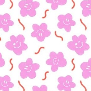 Happy Spring flowers with faces and squiggle lines in hot pink