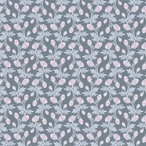S - Grand-Millennial Vintage Cottage French style Pink Floral Strawberry on grey
