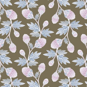 L - Grand-Millennial Vintage Cottage French style Pink Floral Strawberry on brown