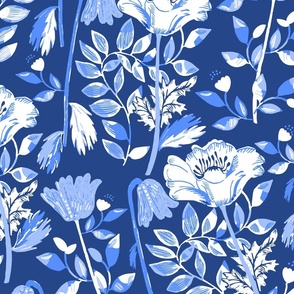 LARGE: light Blue white Cosy Blooms of Decorative Flowers on denim blue
