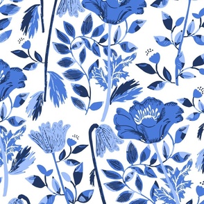 LARGE: light dark Blue Cosy Blooms of Decorative Flowers on white