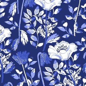 LARGE: dark Blue white Cosy Blooms of Decorative Flowers on dark denim blue