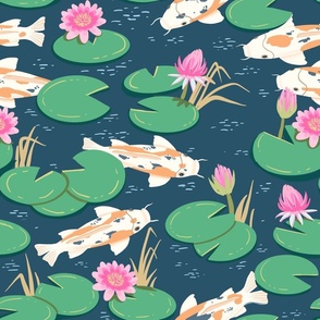 Japanese Koi with Water lilies - green 