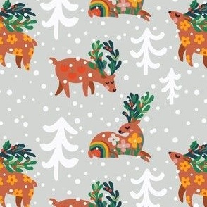Christmas deers on grey