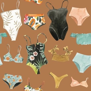 retro summer swim suits bikinis on terracotta